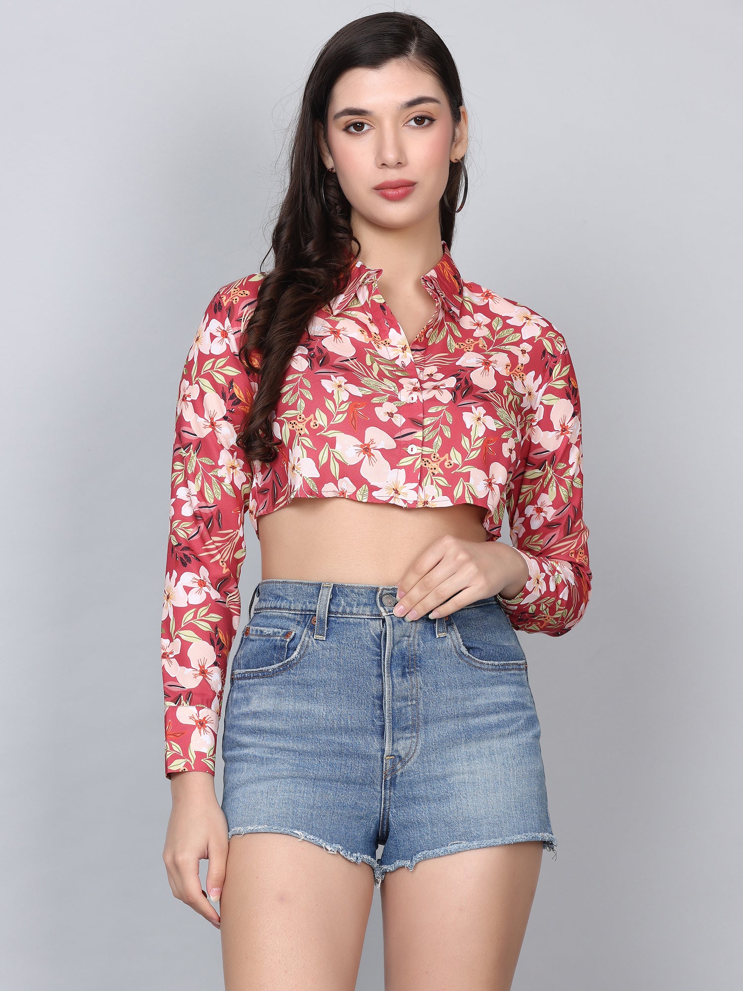 Alexis Coral Floral Print Crop Shirt