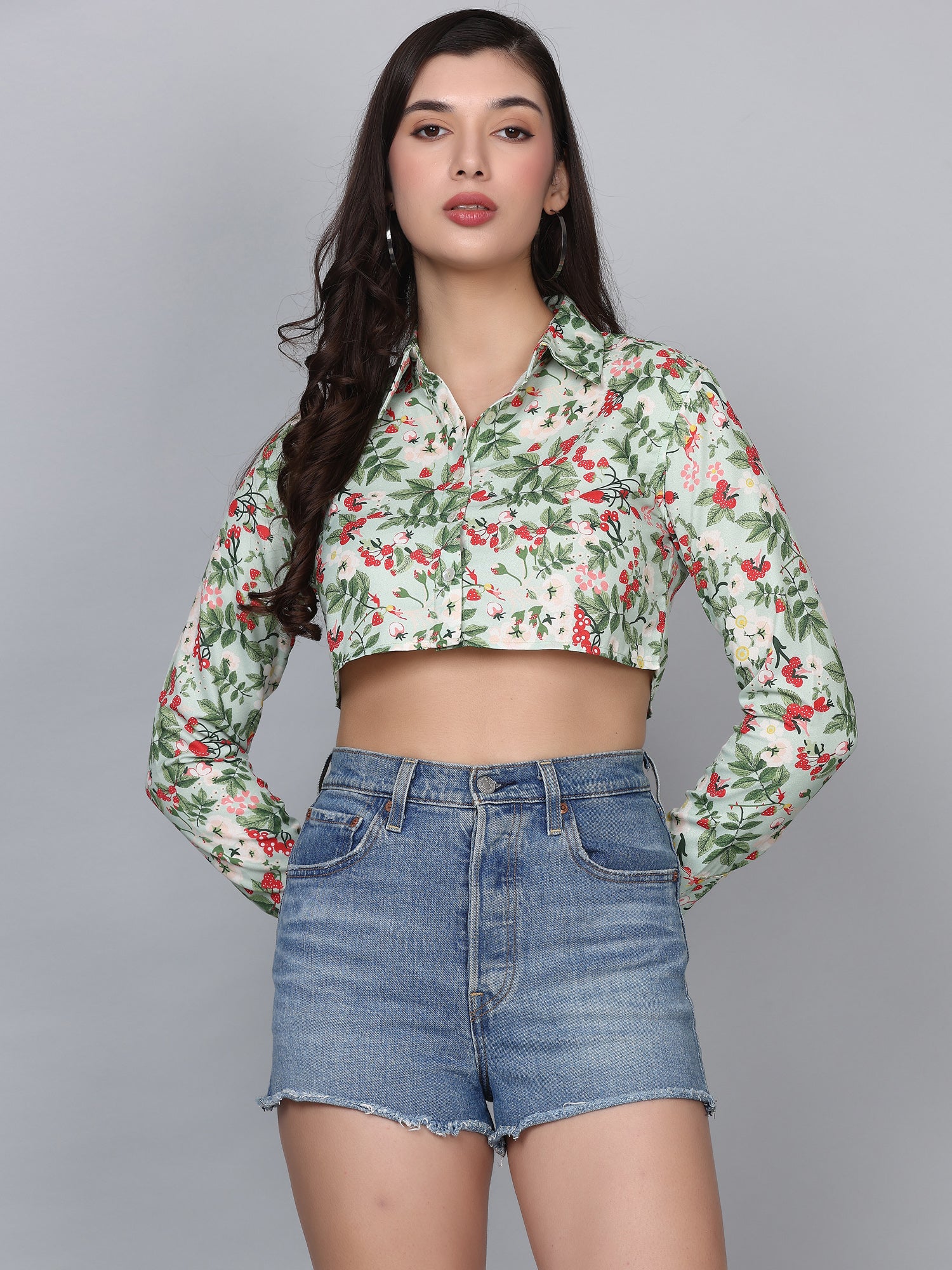 Alexis Green Floral Print Crop Shirt