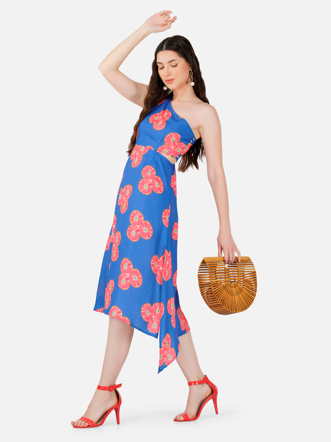 Cocktail Blue One Shoulder Cut-Out Midi Dress