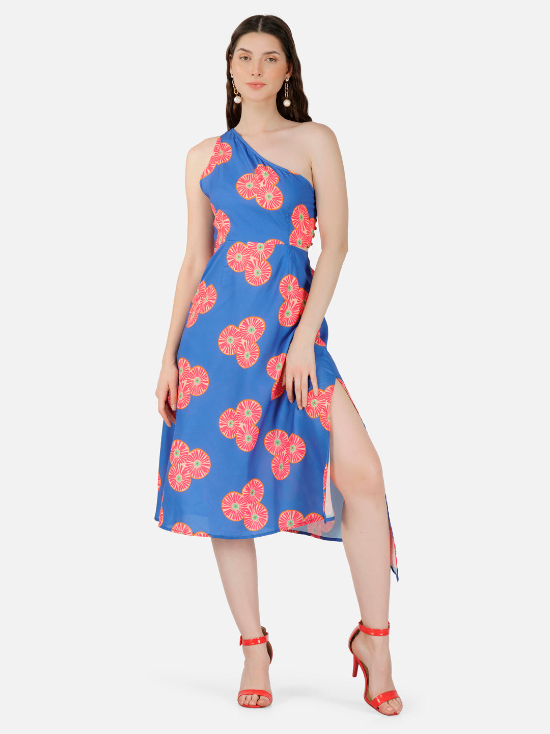 Cocktail Blue One Shoulder Cut-Out Midi Dress