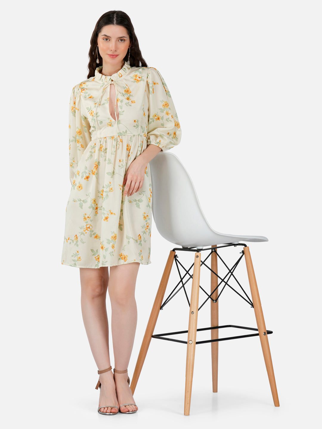 Elie Yellow Vintage Floral Satin Short Dress