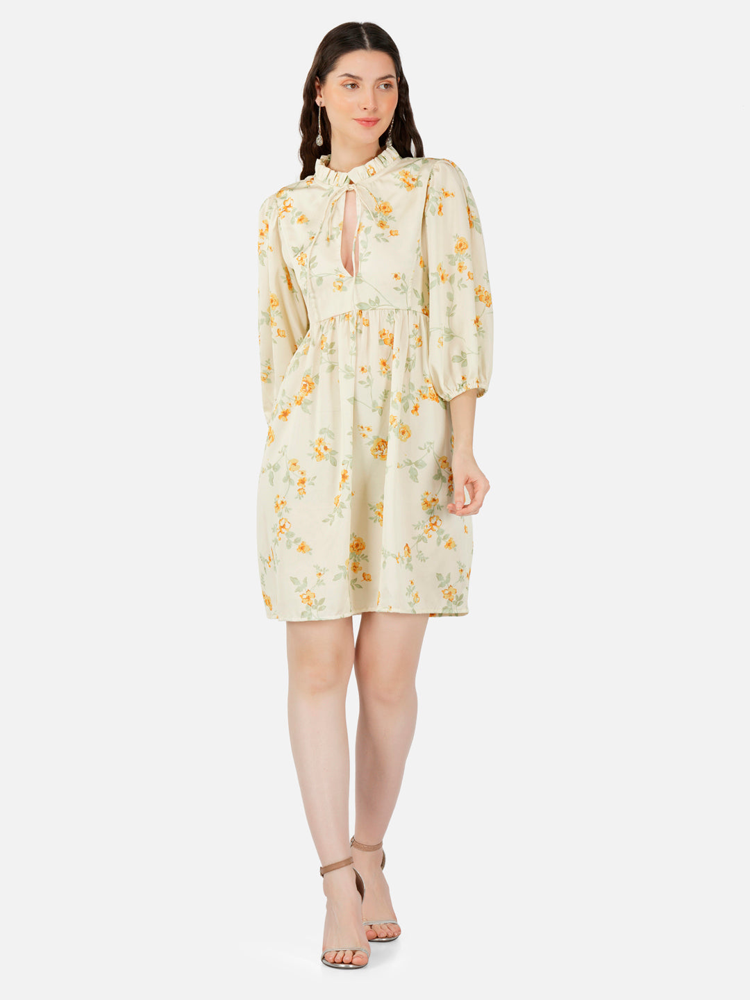 Elie Yellow Vintage Floral Satin Short Dress