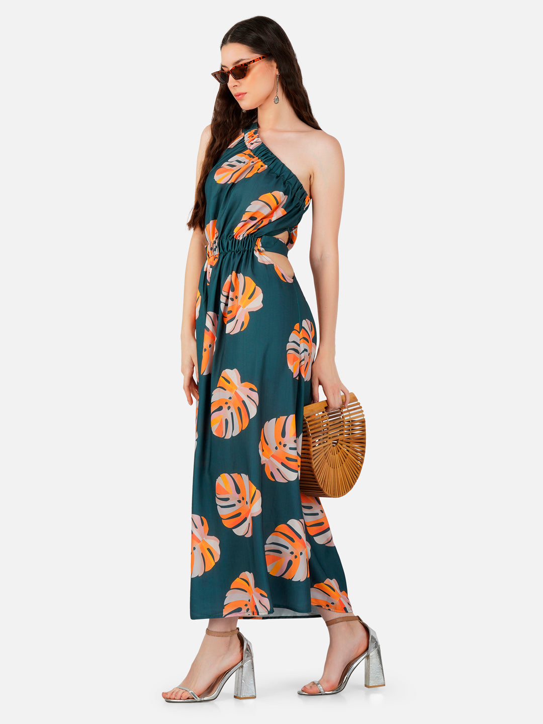 Abel Green Tropical Print One-Shoulder Long Dress