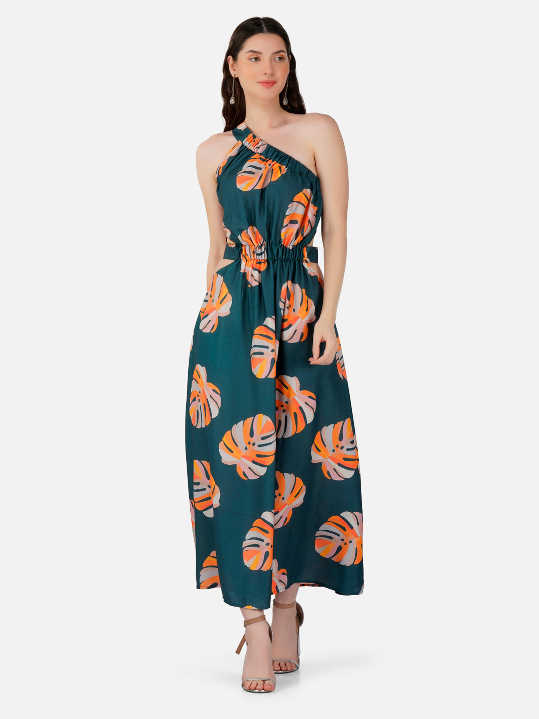 Abel Green Tropical Print One-Shoulder Long Dress