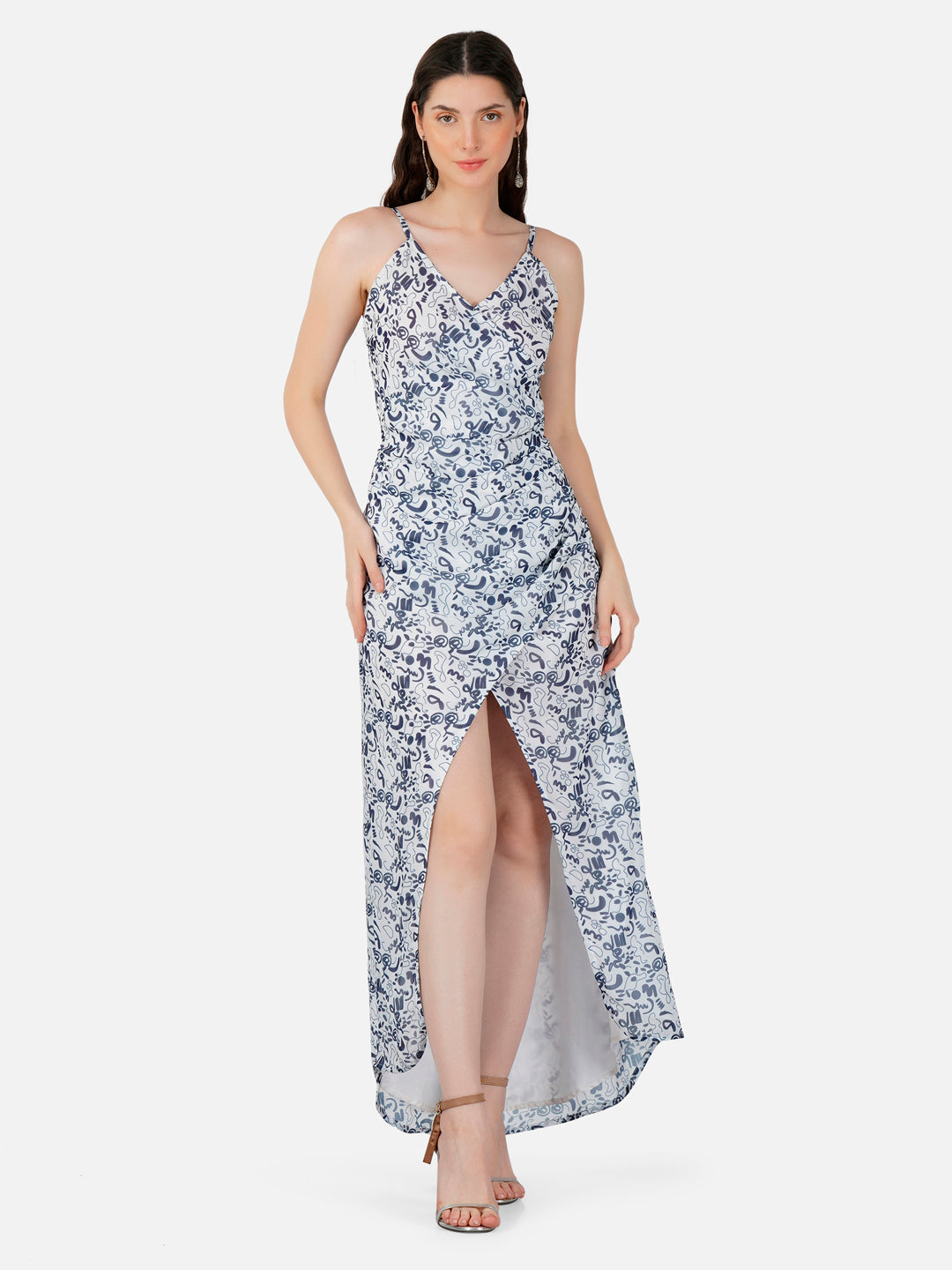 Sofia White Doodle Print Wrap Long Dress with Slit