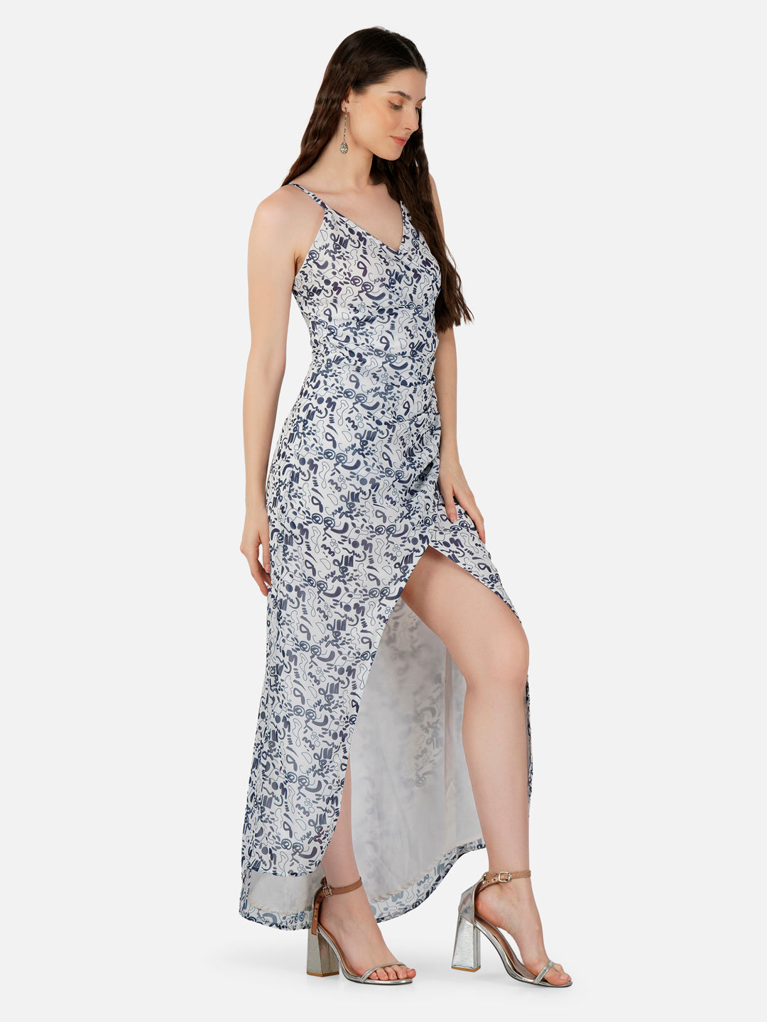 Sofia White Doodle Print Wrap Long Dress with Slit