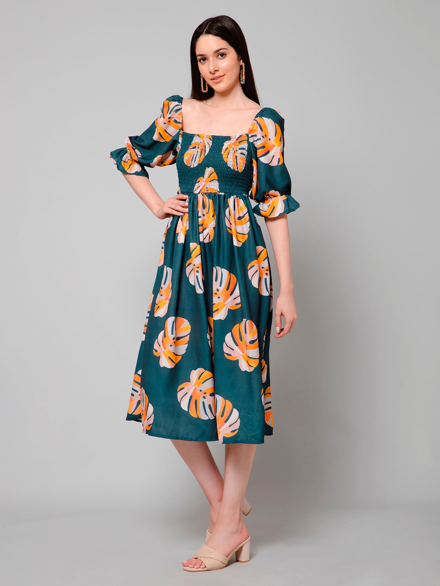 Jasalina Green Tropical Print Midi Dress