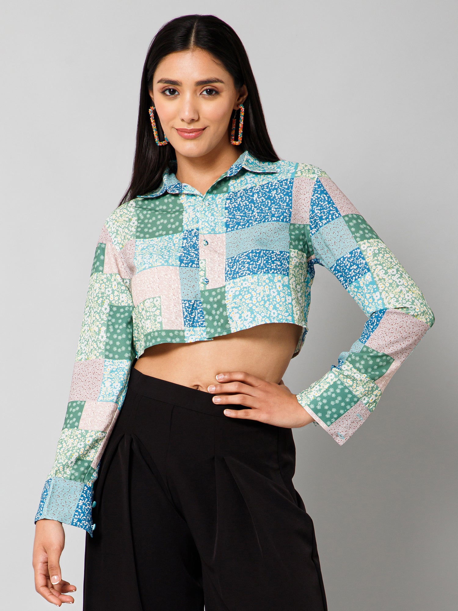 Alexis Multicolor Patch Print Crop Shirt