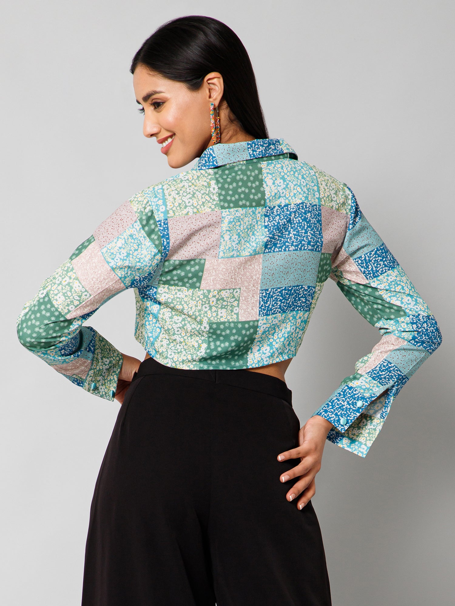 Alexis Multicolor Patch Print Crop Shirt