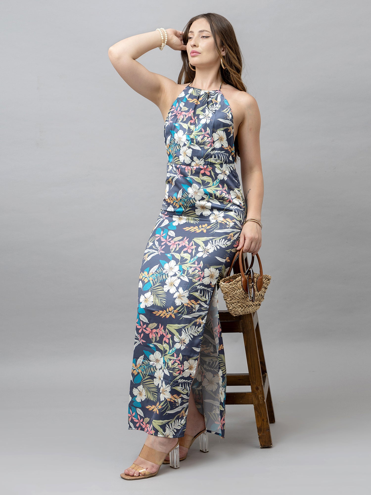 Eleanor Grey Tropical Maxi Dress