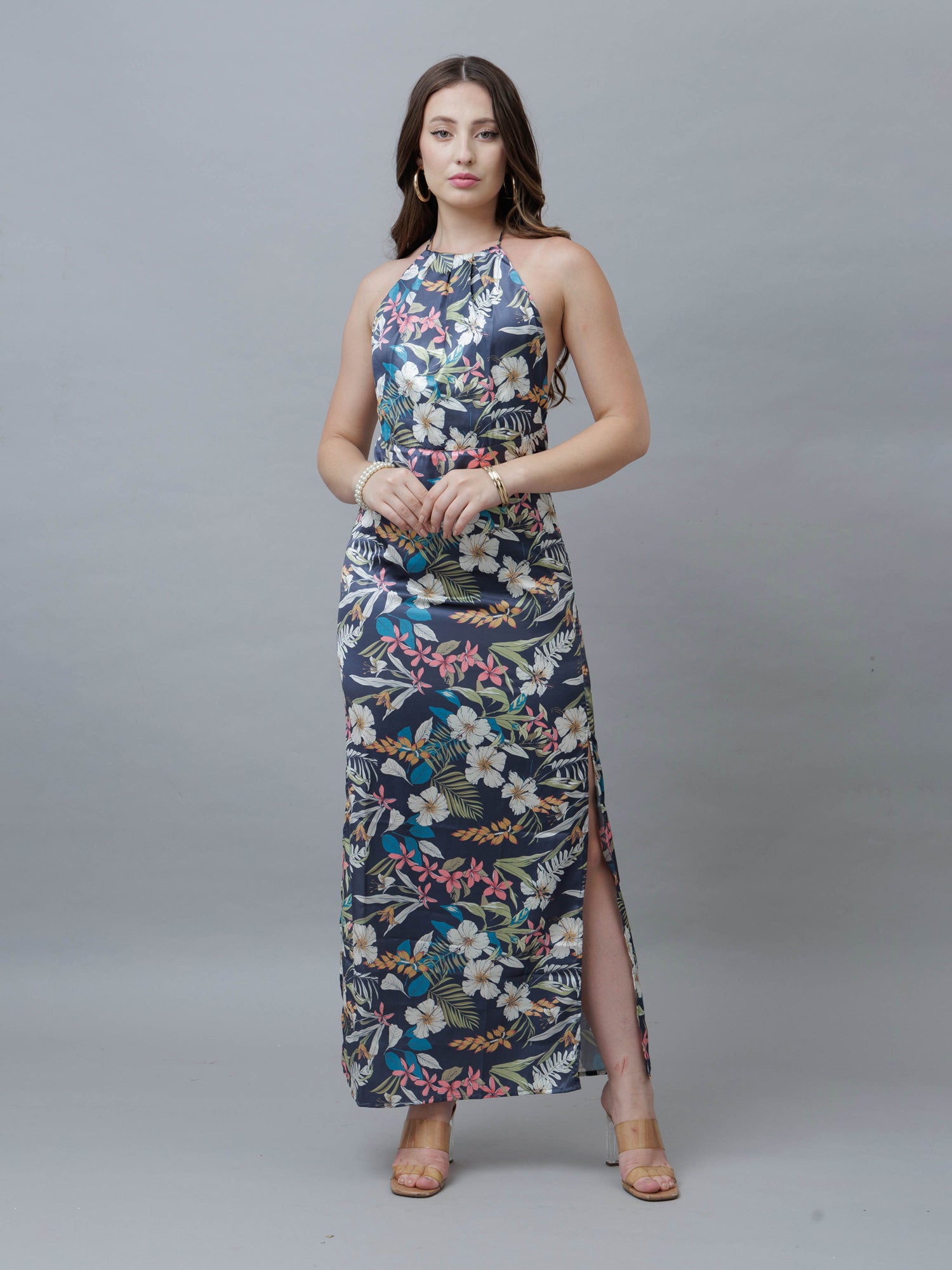 Eleanor Grey Tropical Maxi Dress