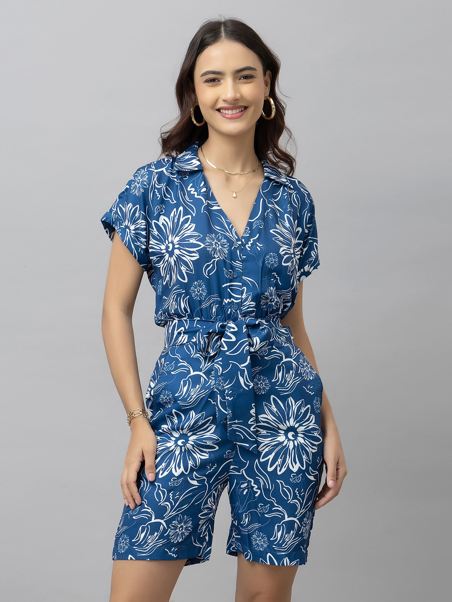 Andres Blue Floral Print Playsuit