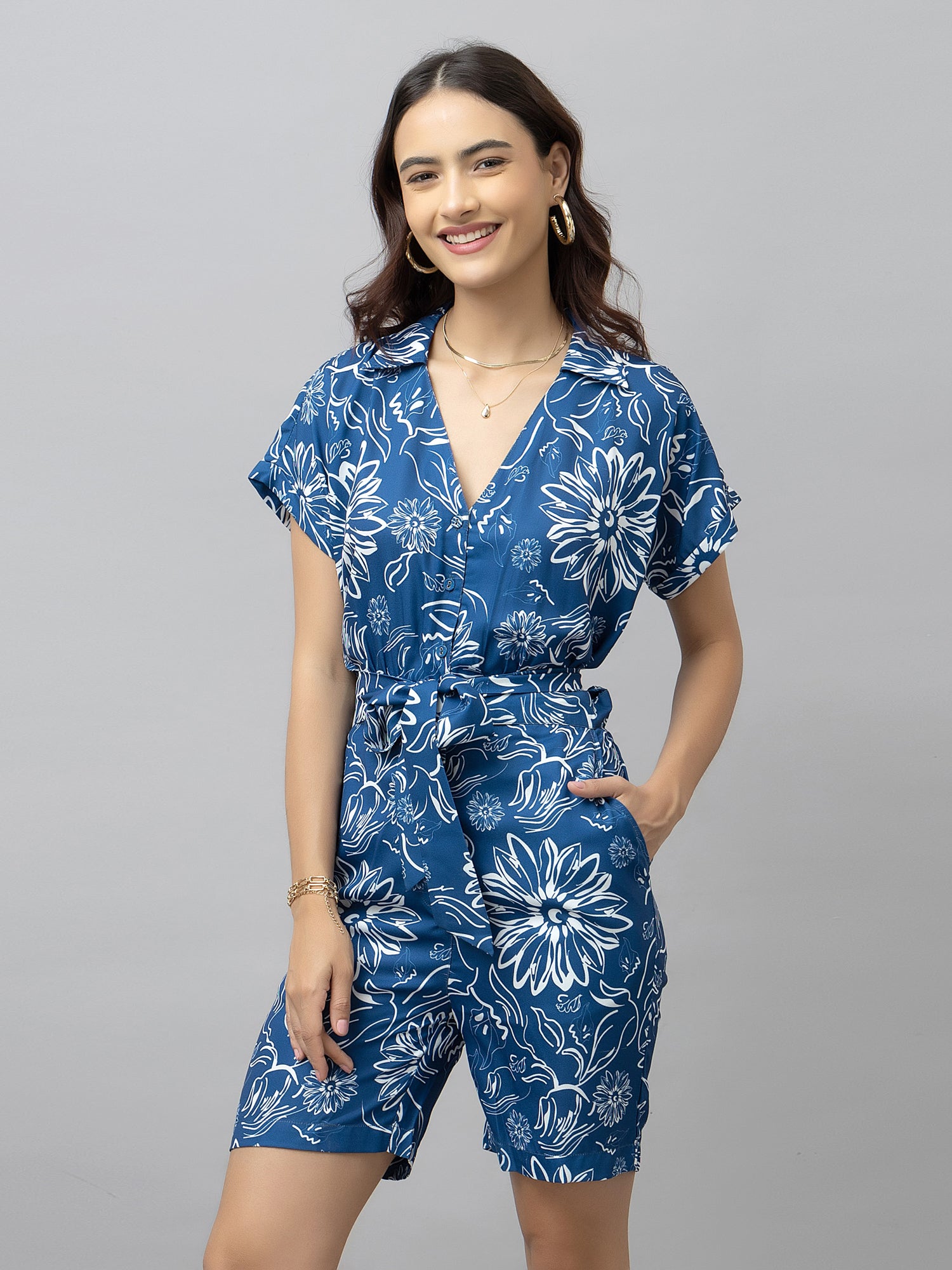 Andres Blue Floral Print Playsuit