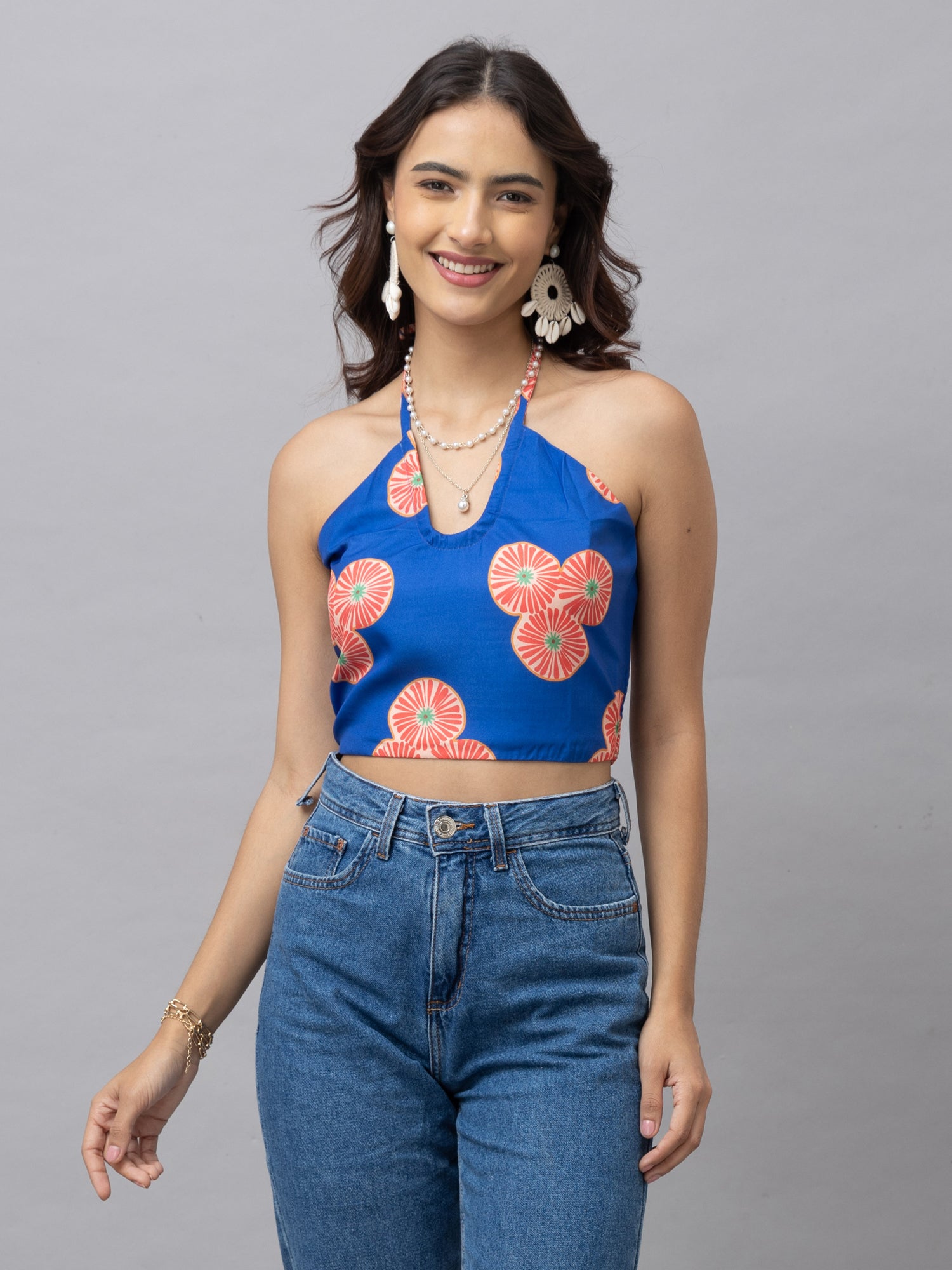 Zoe Blue Fruit Print Crop Top