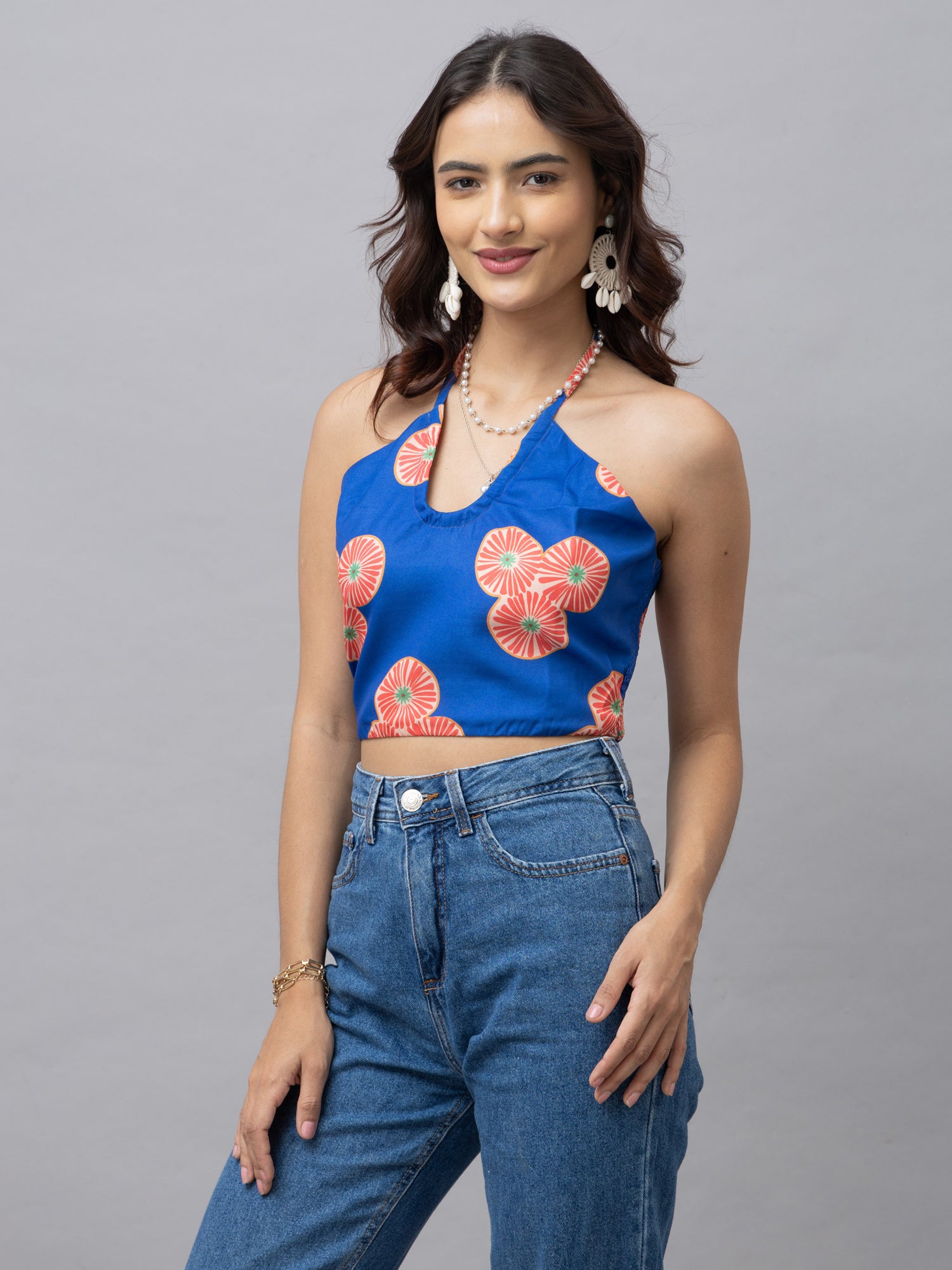 Zoe Blue Fruit Print Crop Top