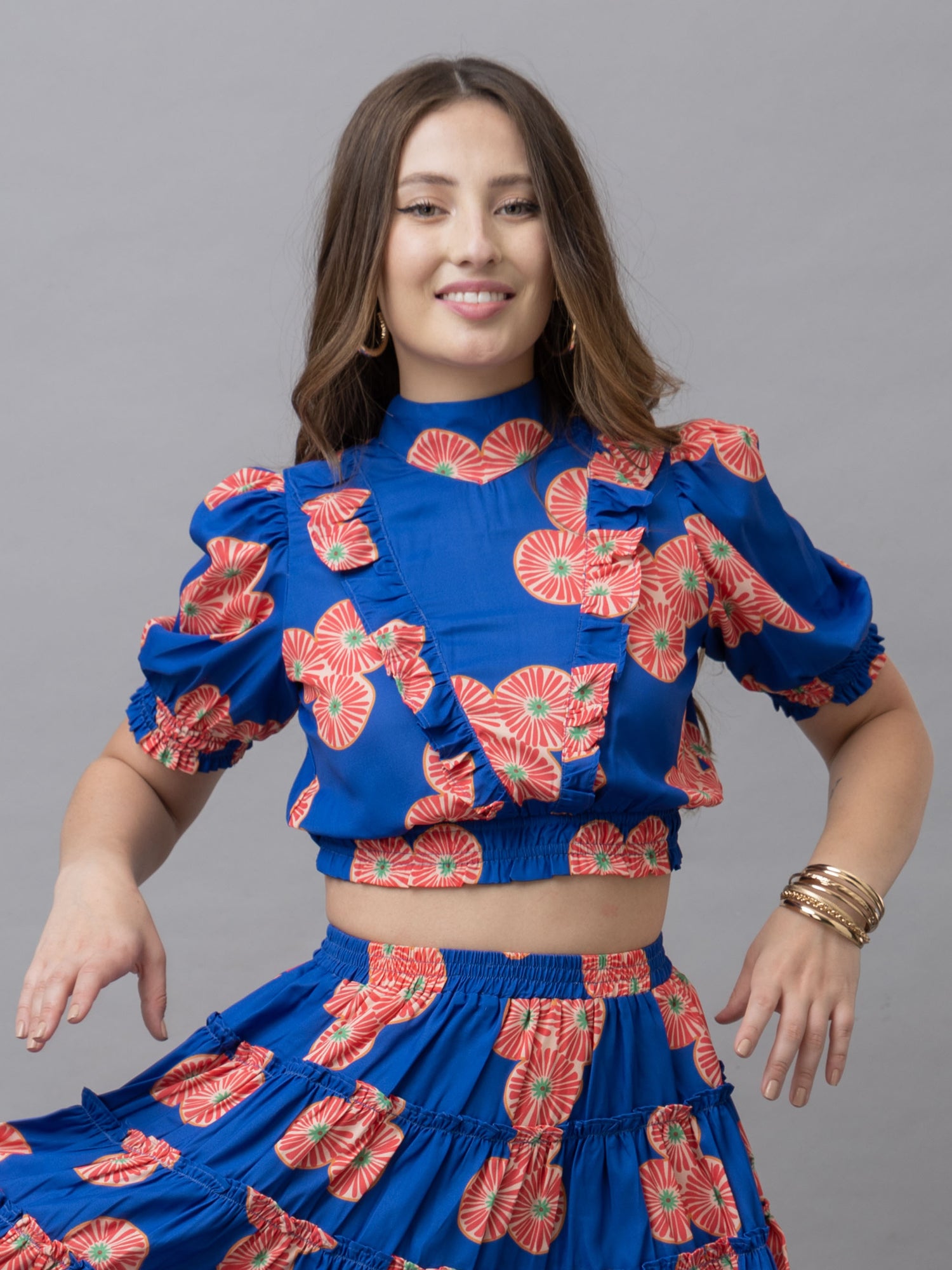 Chloe Blue Fruit Print Ruffle Top