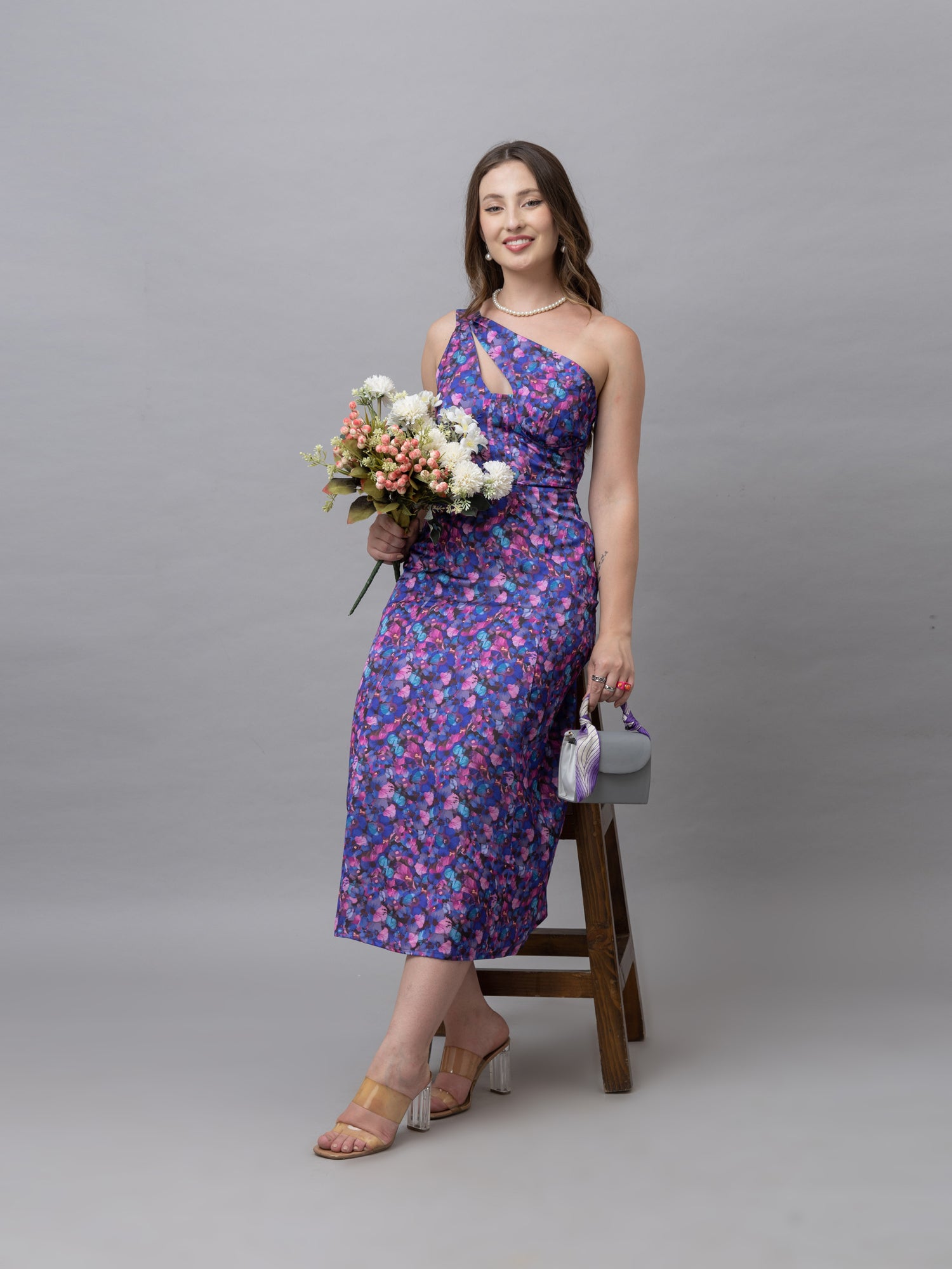 Ella Purple Floral One Shoulder Midi Dress