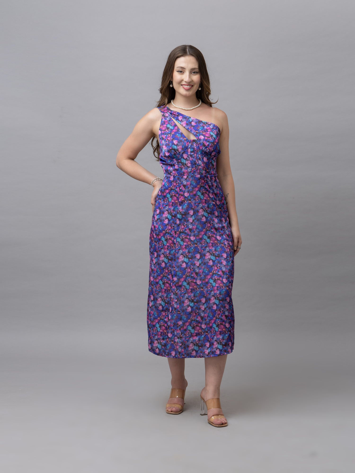 Ella Purple Floral One Shoulder Midi Dress