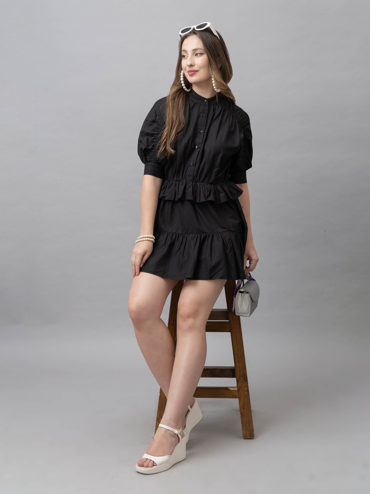 Silvia Solid Black Half Sleeves Short Dress