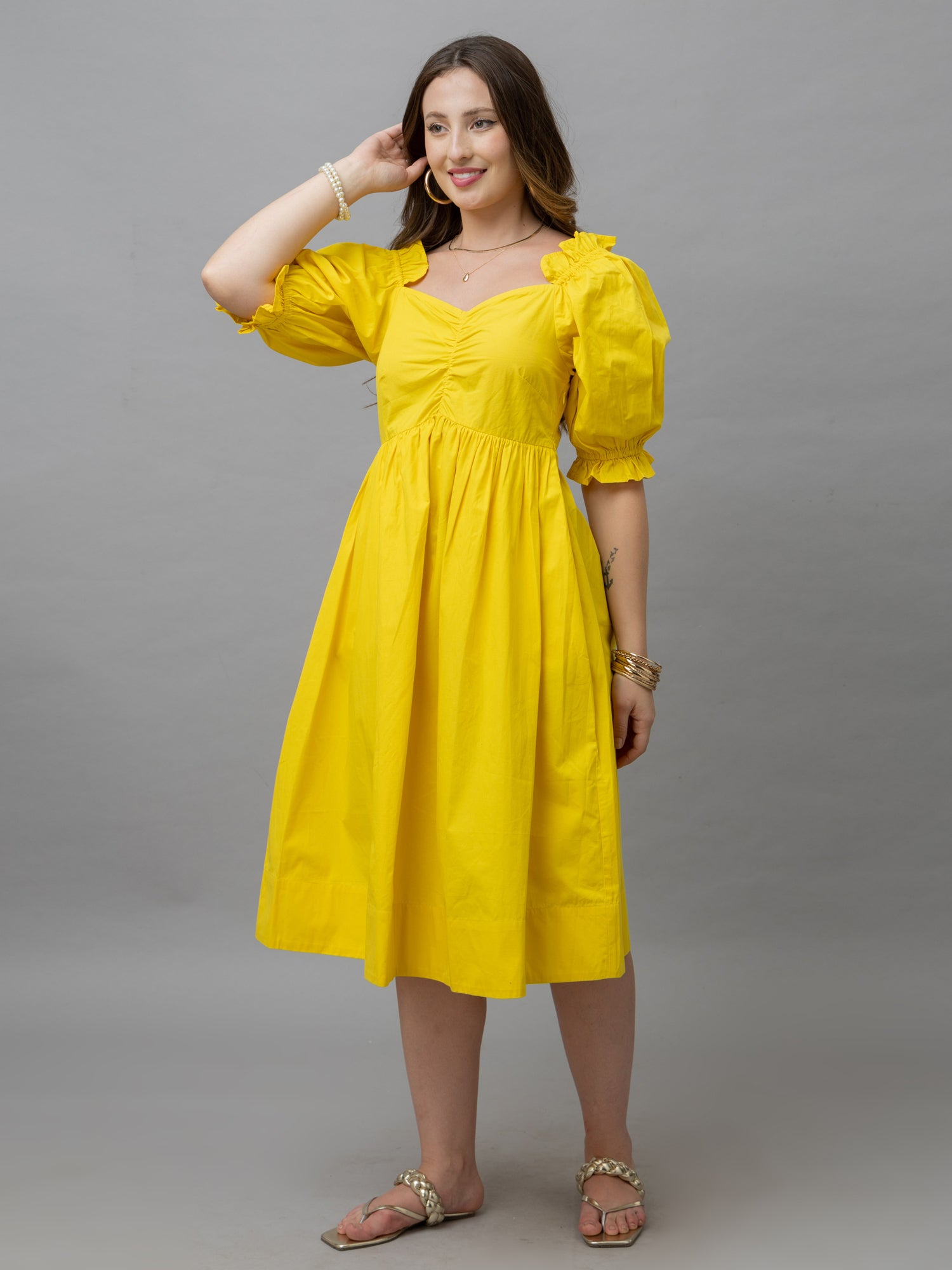 Isabella Solid Yellow Midi Dress