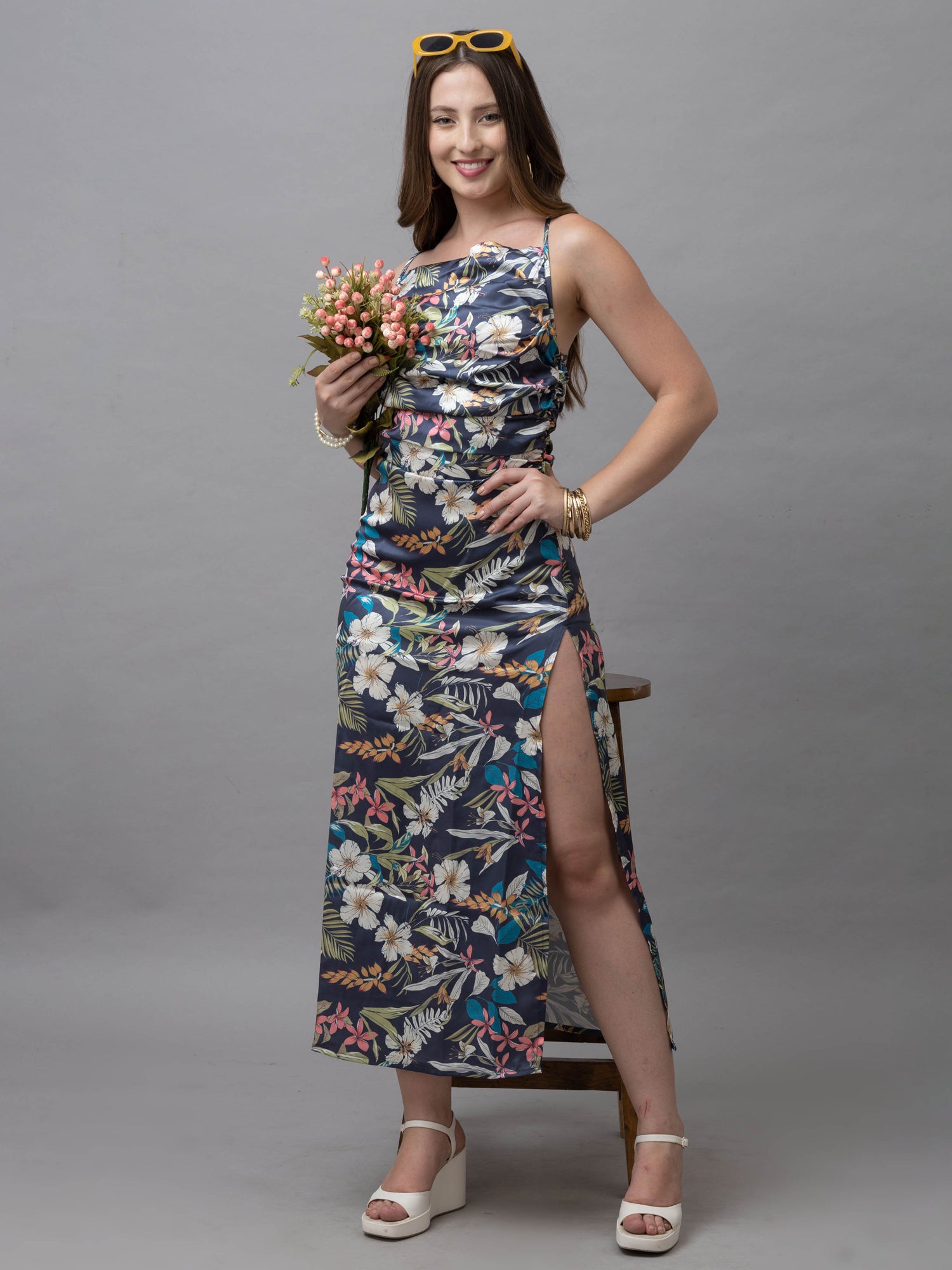 Kara Grey Tropical Print Cowl Neck Satin Slip Dress