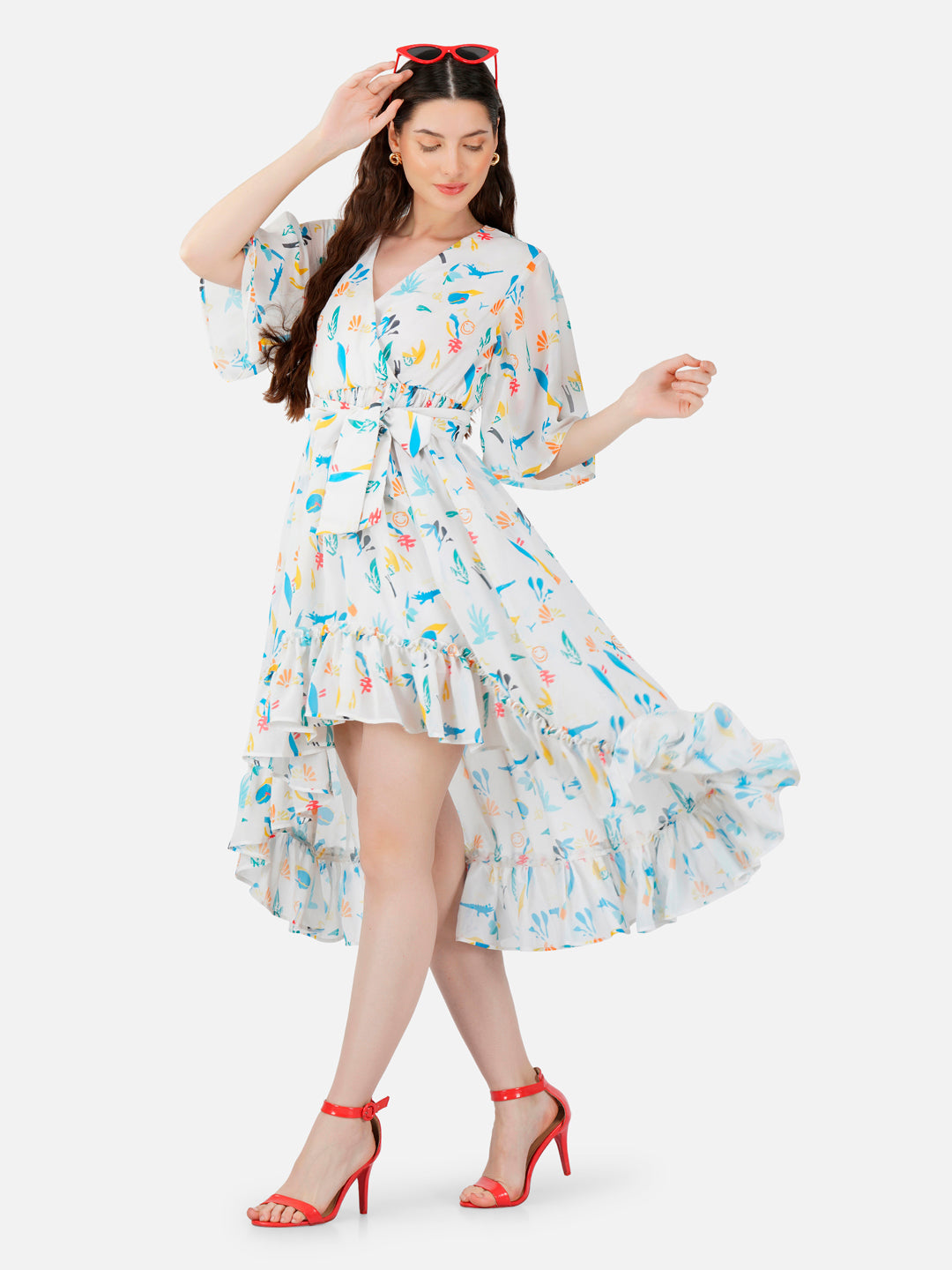 Misa Multicolored Origami Print Cloud Dancer Wrap Dress