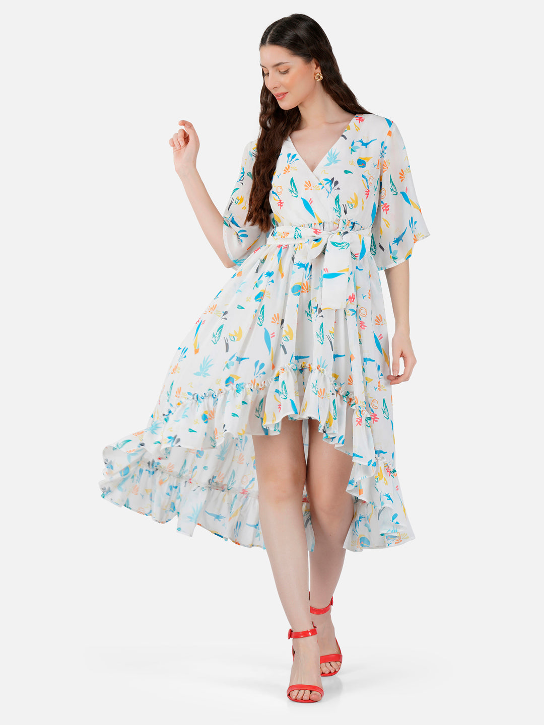 Misa Multicolored Origami Print Cloud Dancer Wrap Dress