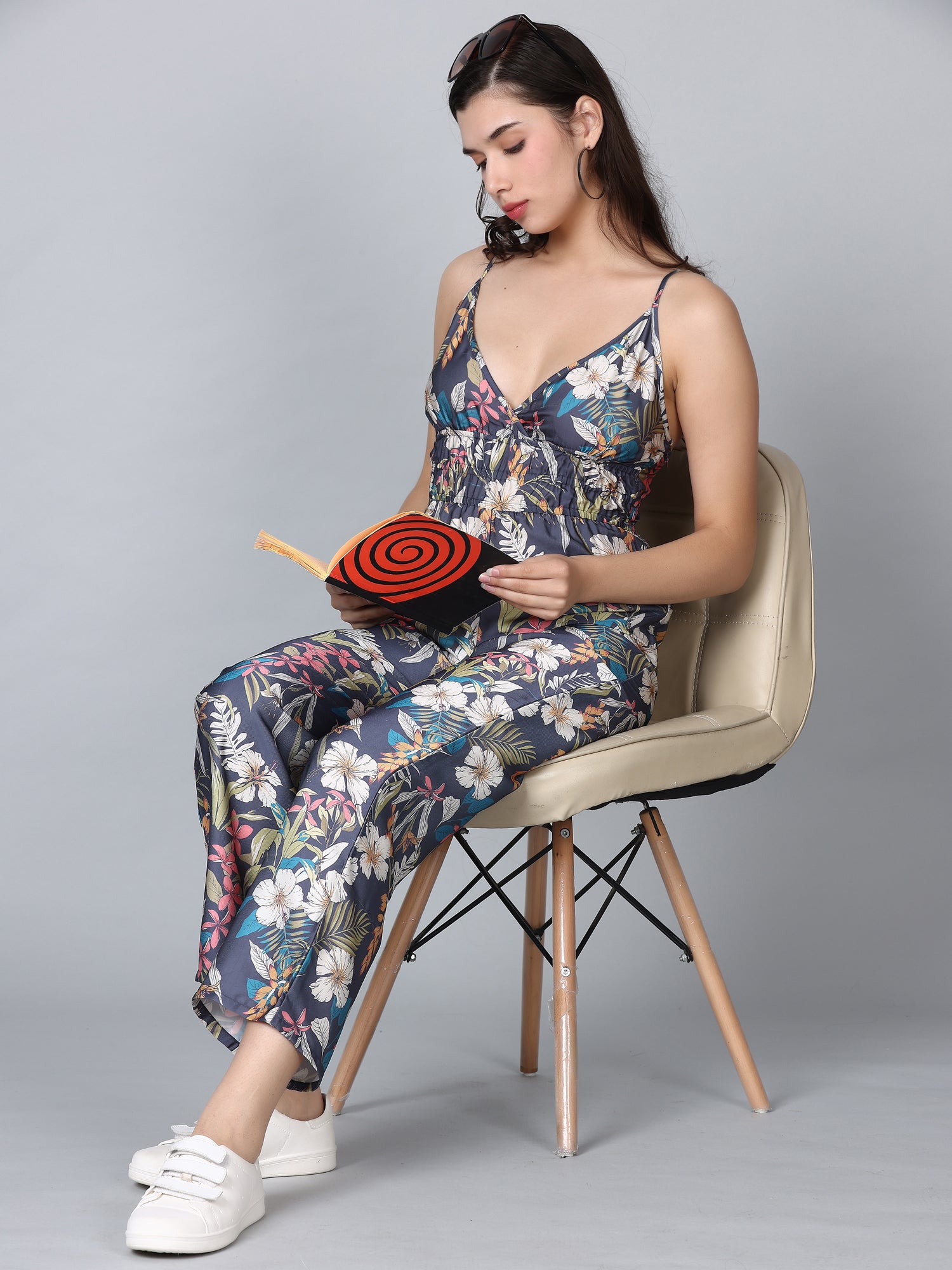 Asteria Grey Tropical Print Strappy Jumpsuit