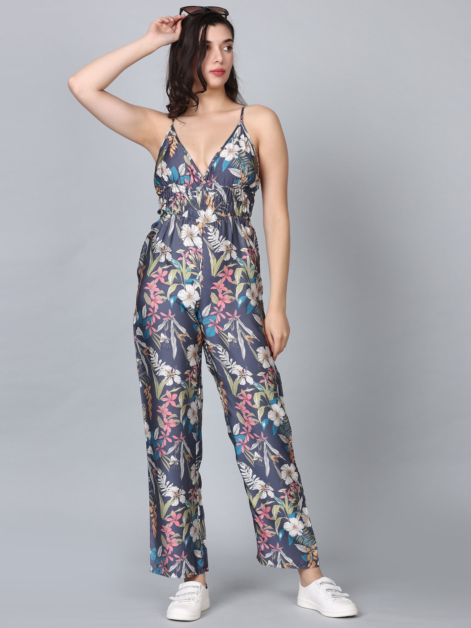 Asteria Grey Tropical Print Strappy Jumpsuit