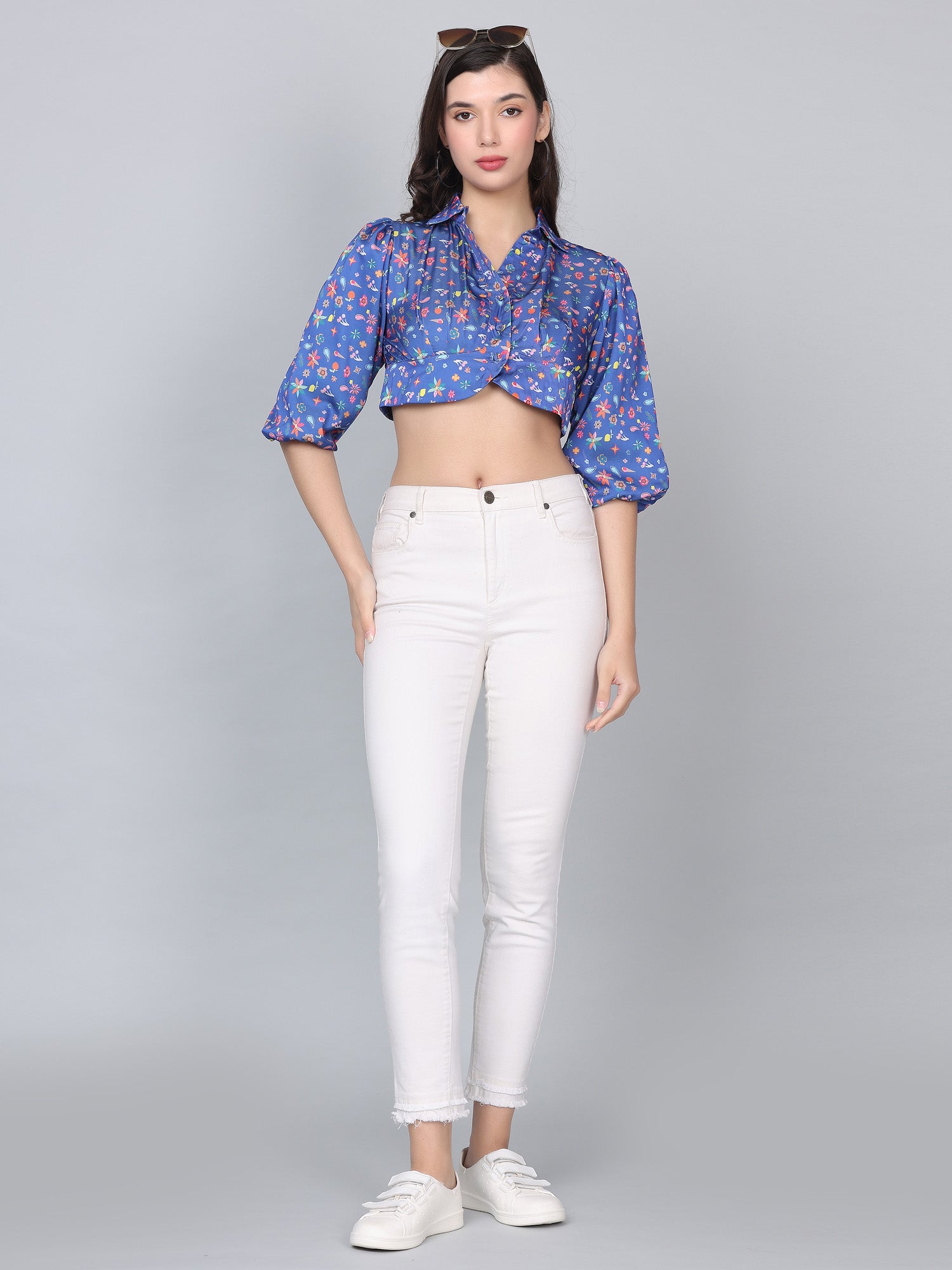 Avery Blue Floral Print Crop Top