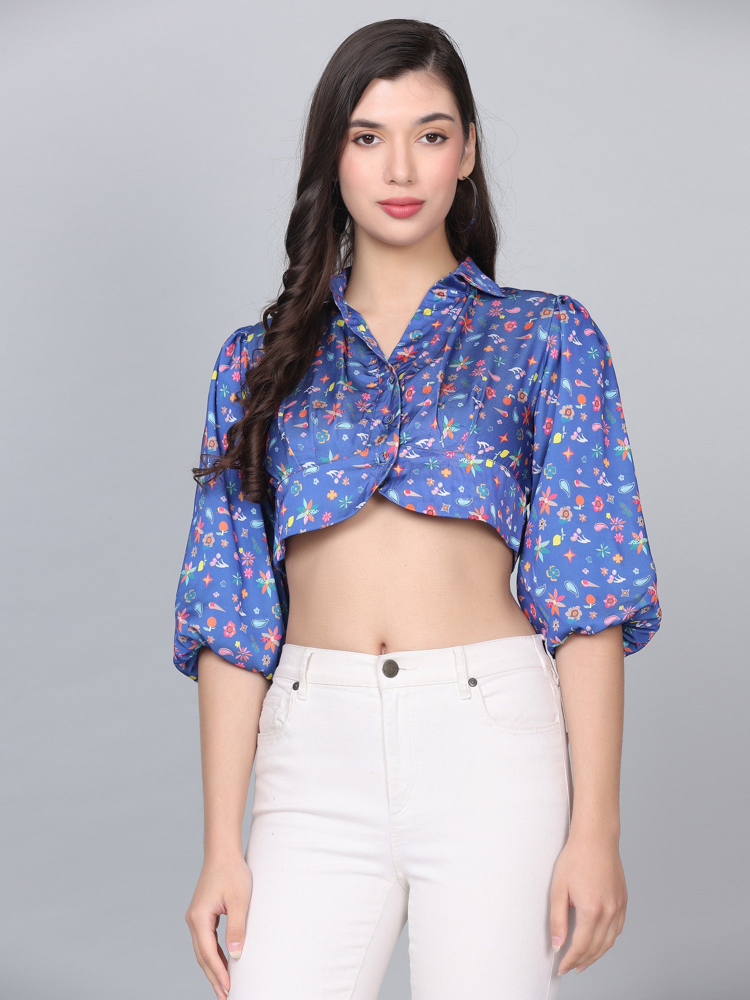 Avery Blue Floral Print Crop Top