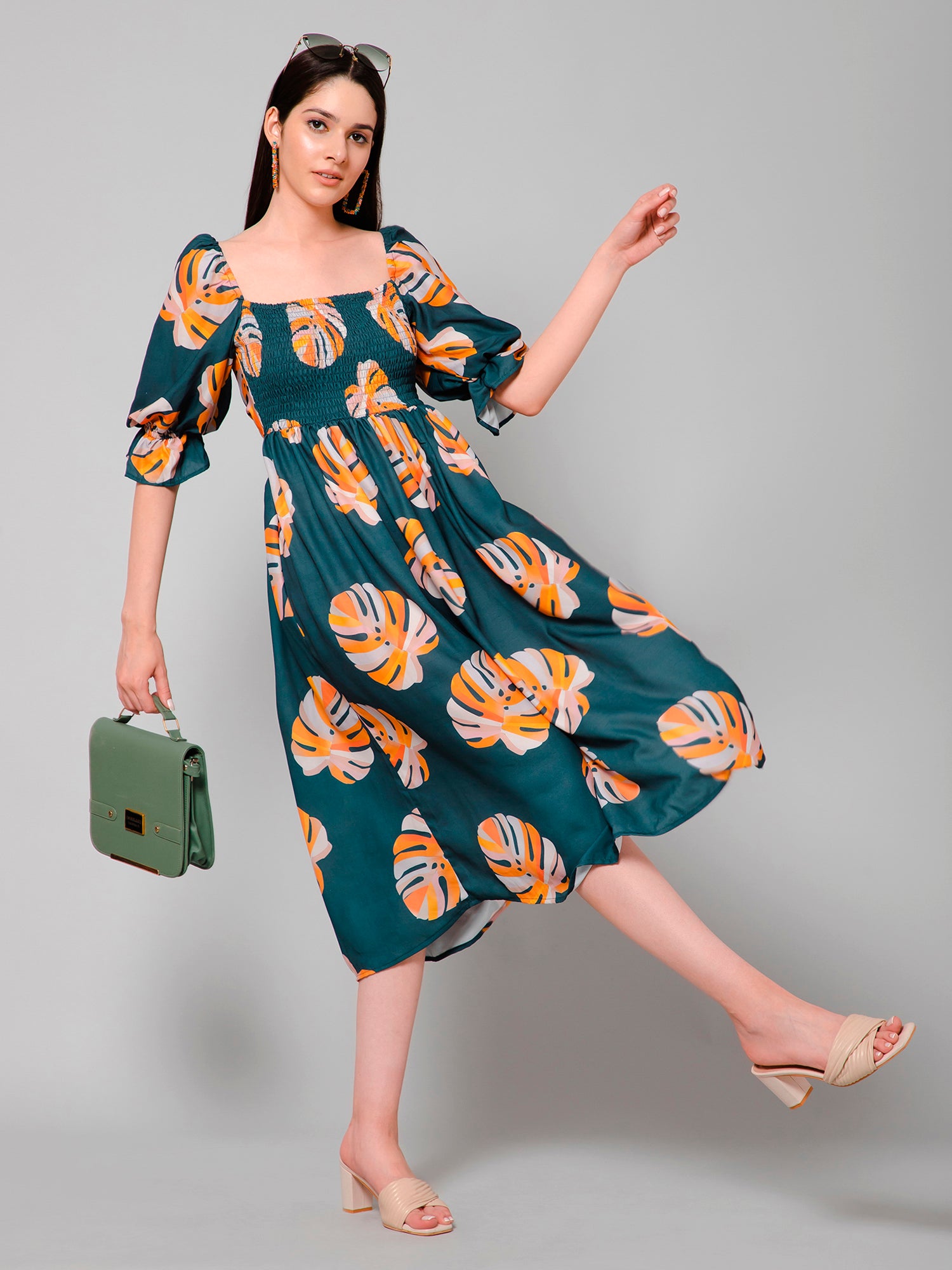 Jasalina Green Tropical Print Midi Dress