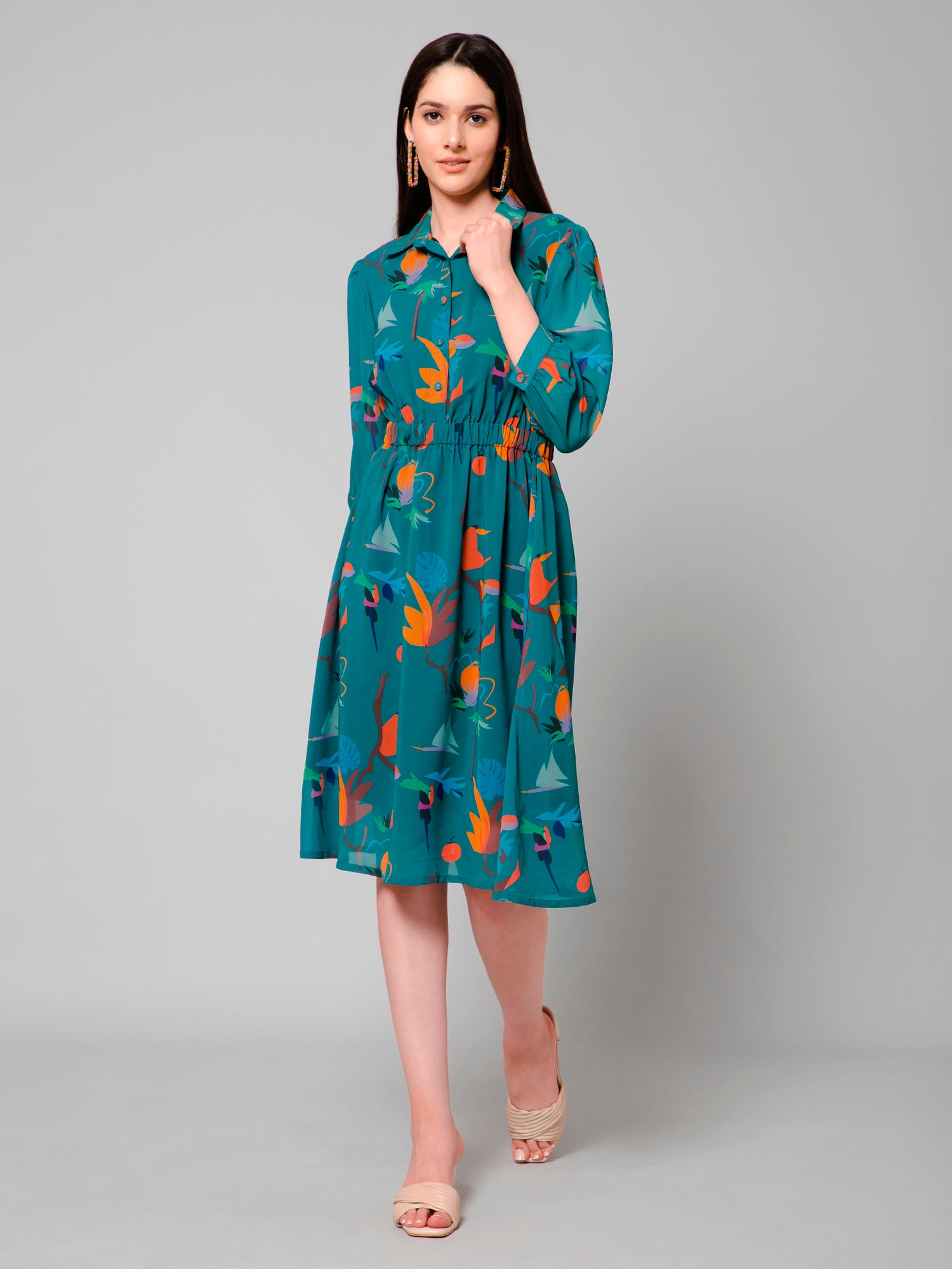 Athene Green Origami Print Collar Midi Dress