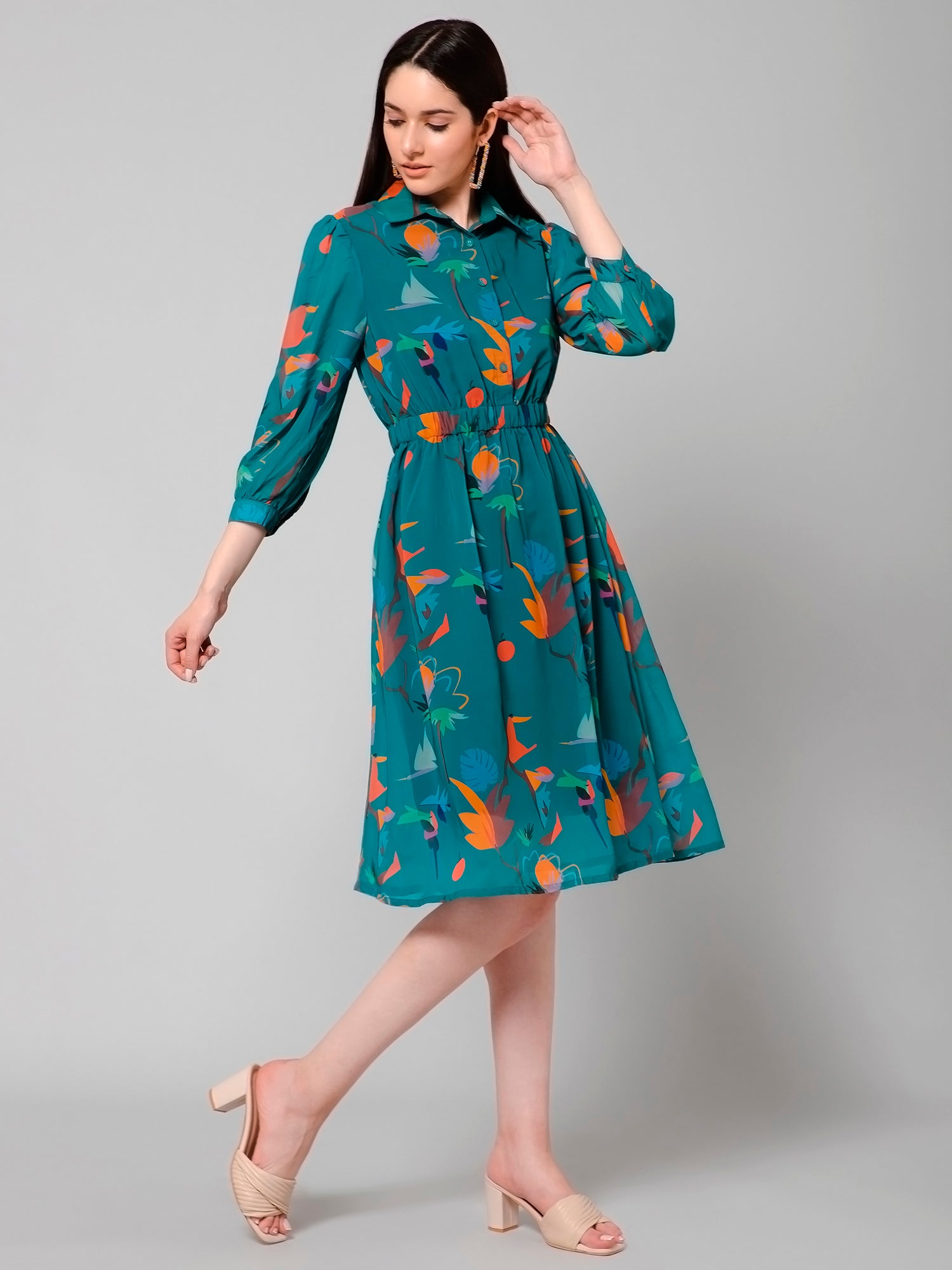 Athene Green Origami Print Collar Midi Dress