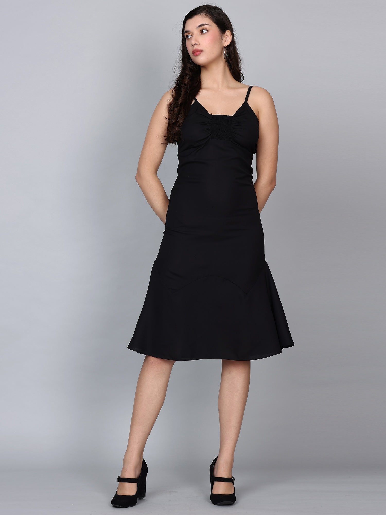 Leslie Solid Black Midi Dress