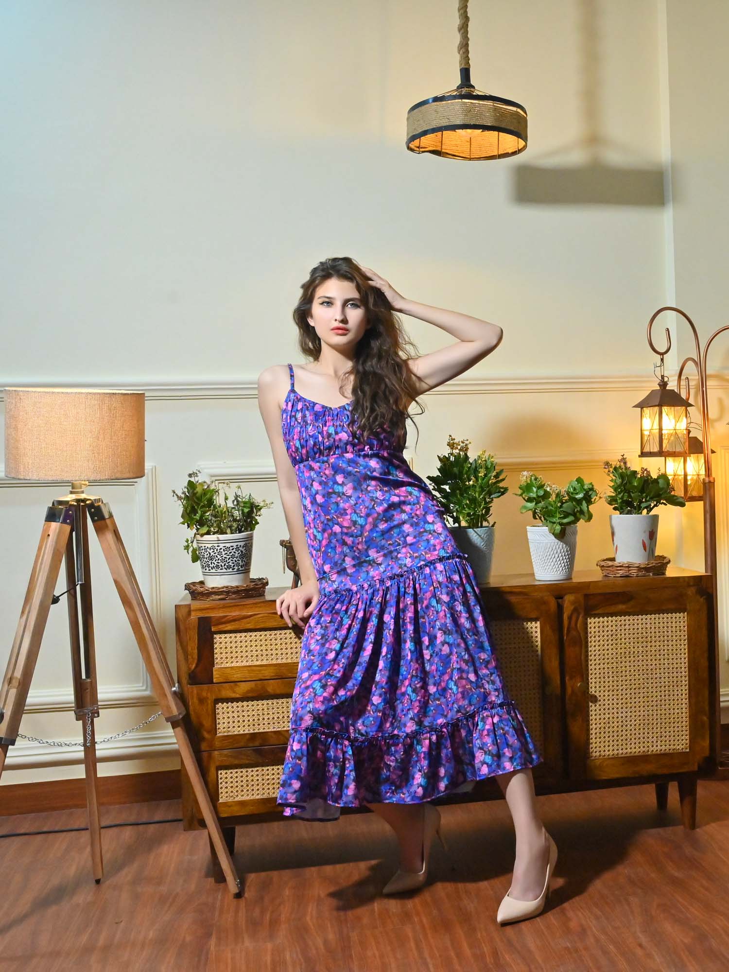 Leticia Purple Floral Print Gathered Maxi Dress