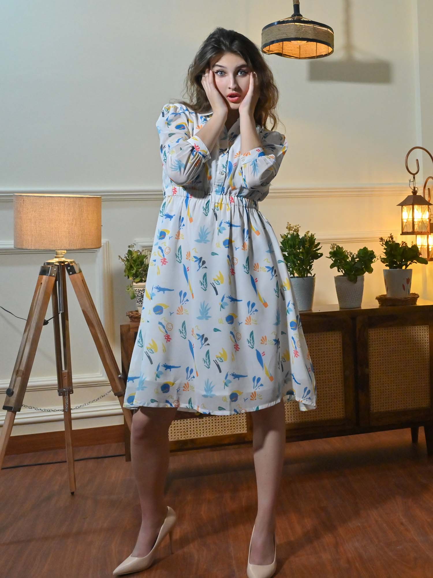 Athene White Origami Print Collar Midi Dress