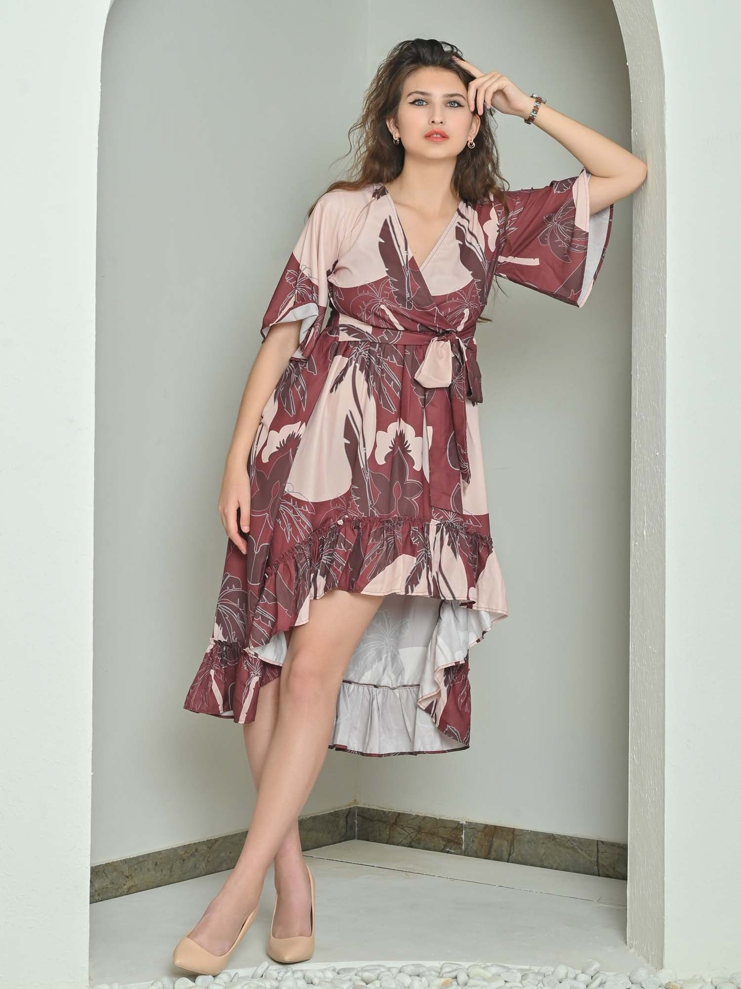 Misa Brown Tropical Sun Print Wrap Dress