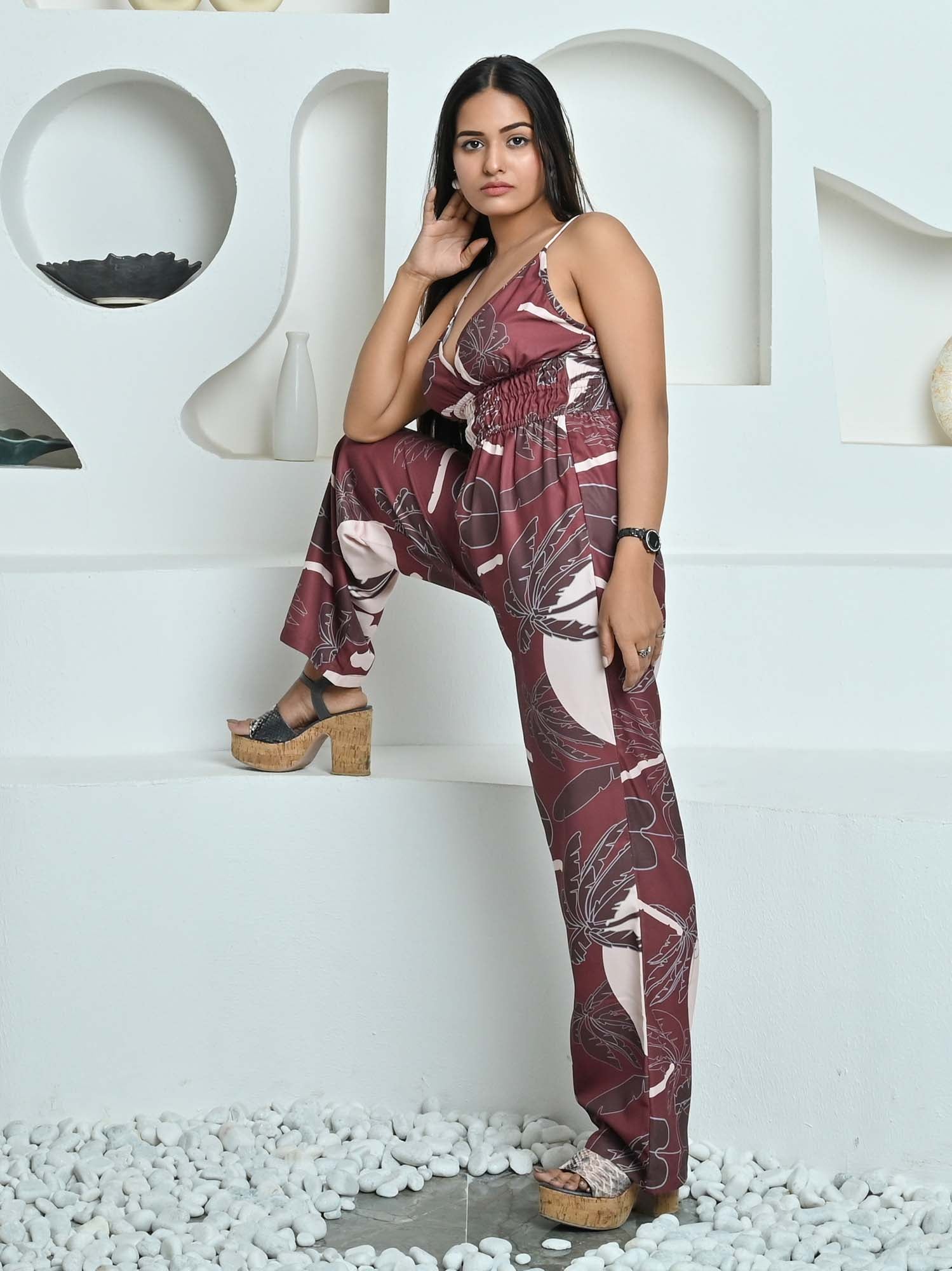 Asteria Brown Tropical Print Strappy Jumpsuit