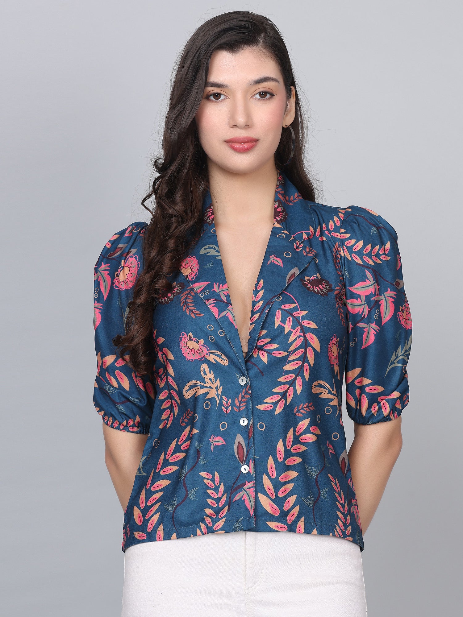 Zaray Peacock Blue Tropical Print Top