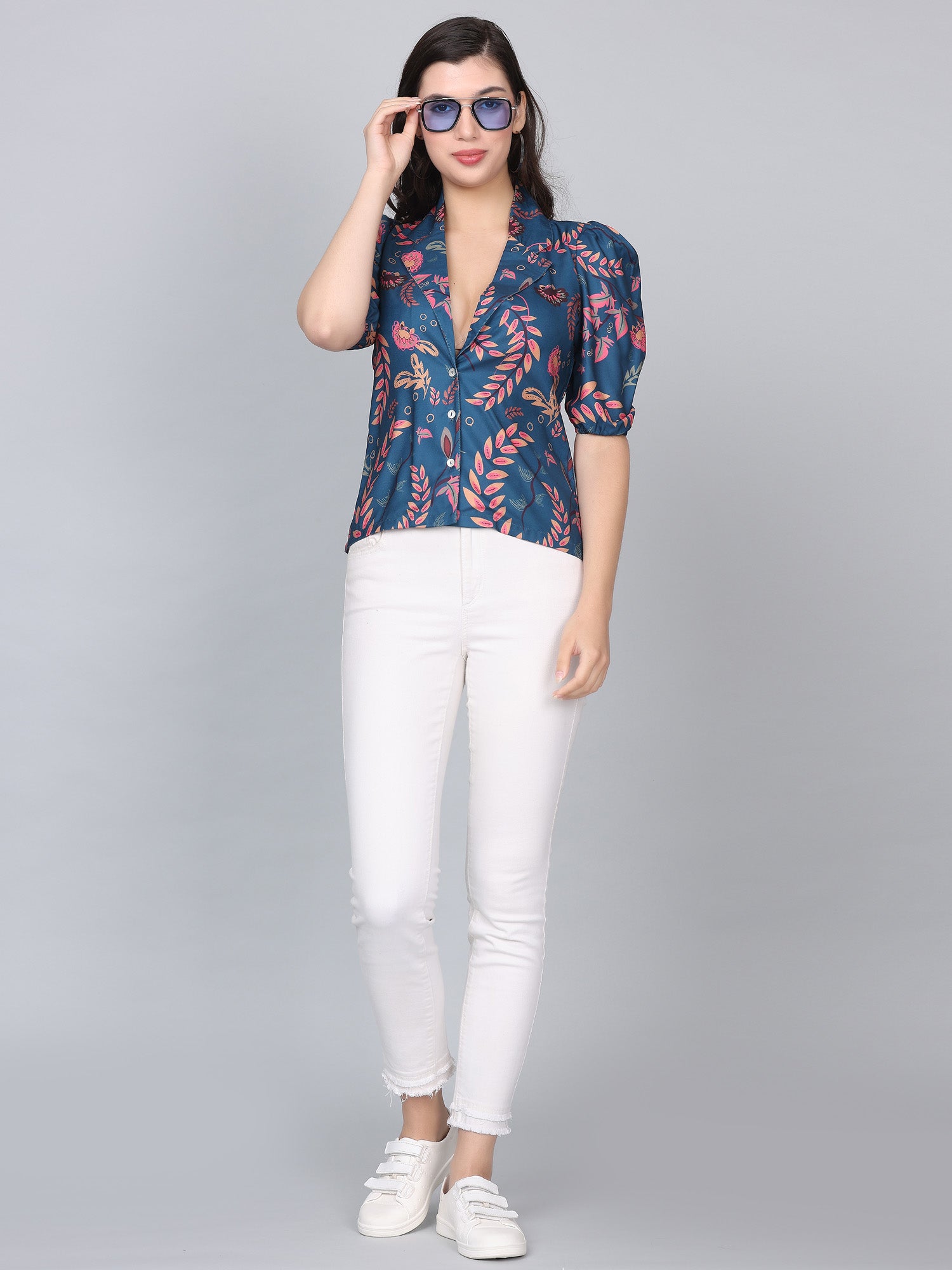 Zaray Peacock Blue Tropical Print Top